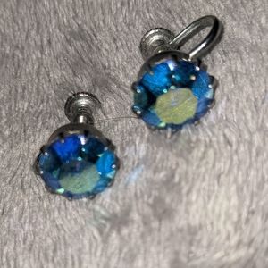 Vintage Blue jewel on silver hardware clip on earrings